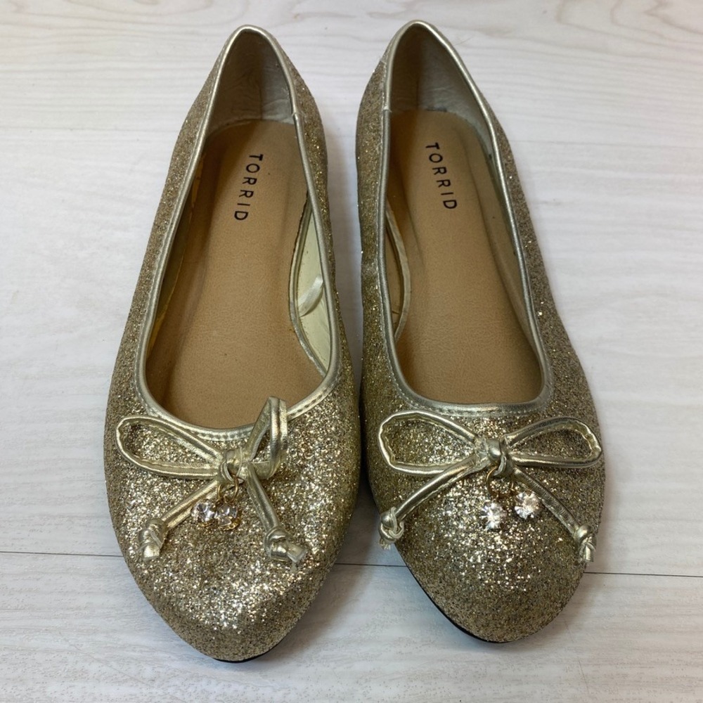 Torrid Womens 8W Ballet Flats‎ Glitter Gold Sparkle Bow Rhinestone Party Evening